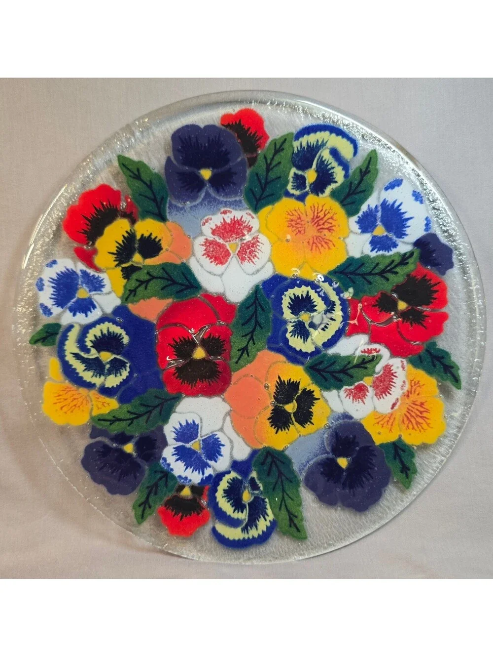 Vintage Peggy Karr Fused Glass 11 inch Pansy Flower Serving Plate w/ Box
